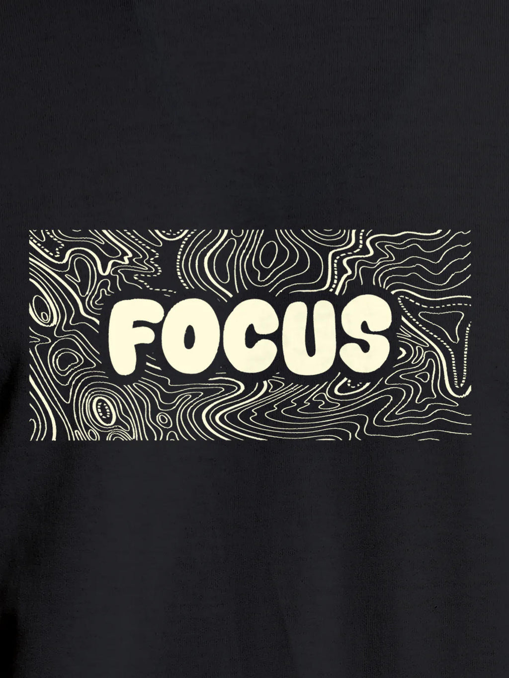 Close up of 'Focus In Chaos' design on Women's Dark Grey Round Neck T-shirt, highlighting intricate details and vibrant print.