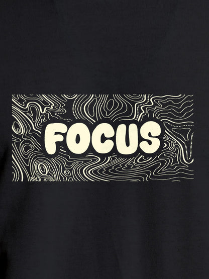 Close up of 'Focus In Chaos' design on Women's Dark Grey Round Neck T-shirt, highlighting intricate details and vibrant print.