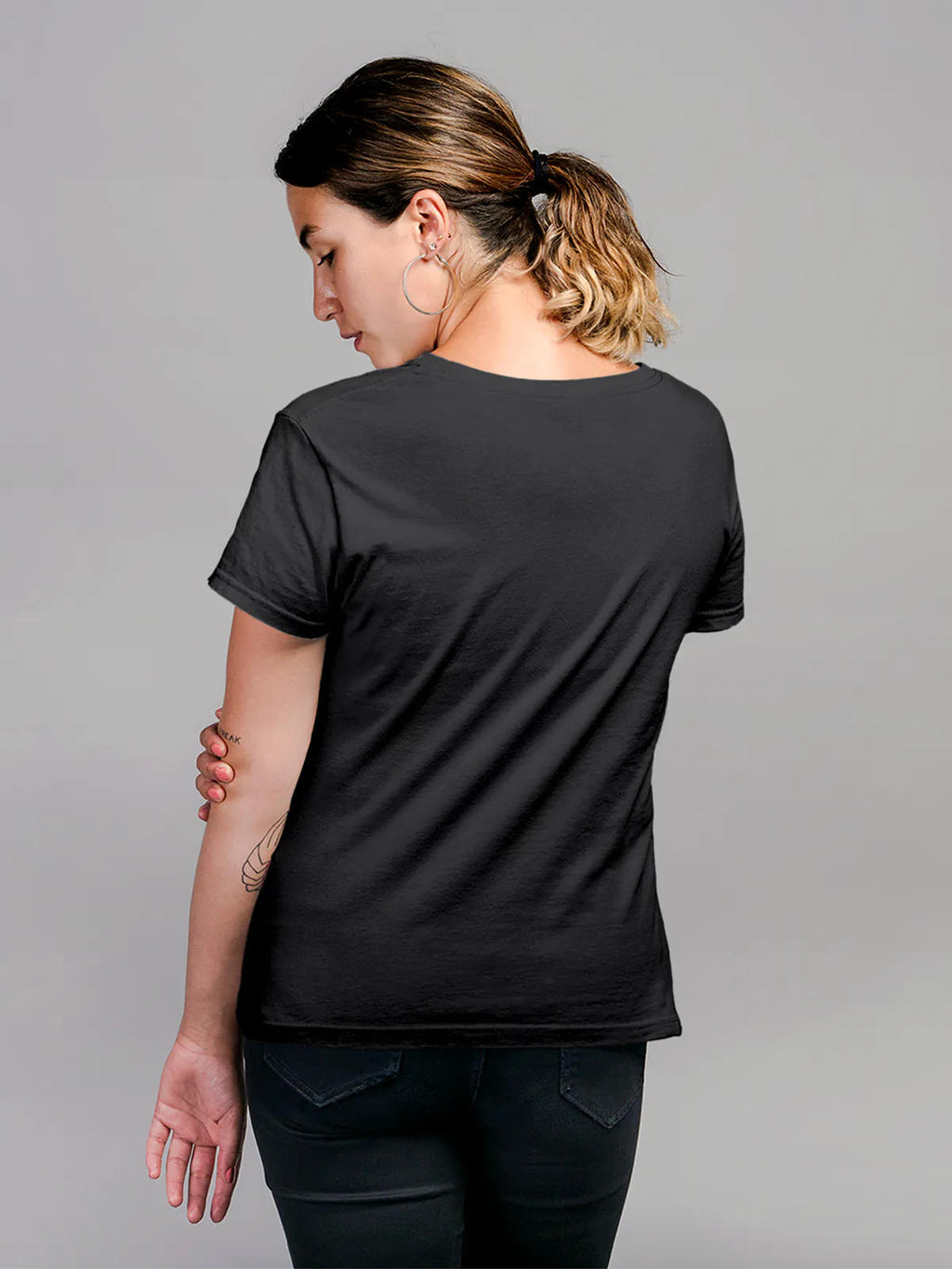 Back view of Fighterhero Women's Dark Grey Round Neck T-shirt, highlighting the modern look and clean finish