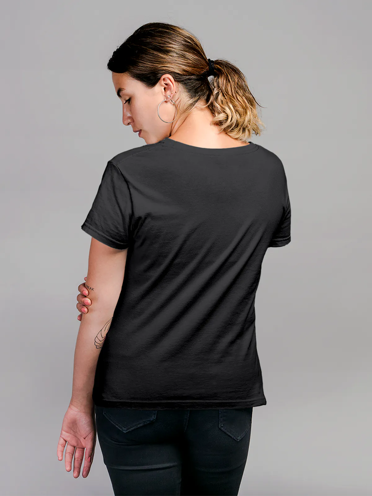 Back view of Fighterhero Women's Dark Grey Round Neck T-shirt, highlighting the modern look and clean finish