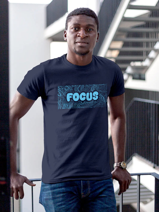 Fighterhero T-shirts: Model wearing Men's Navy Blue Round Neck T-shirt with 'Focus In Chaos' design