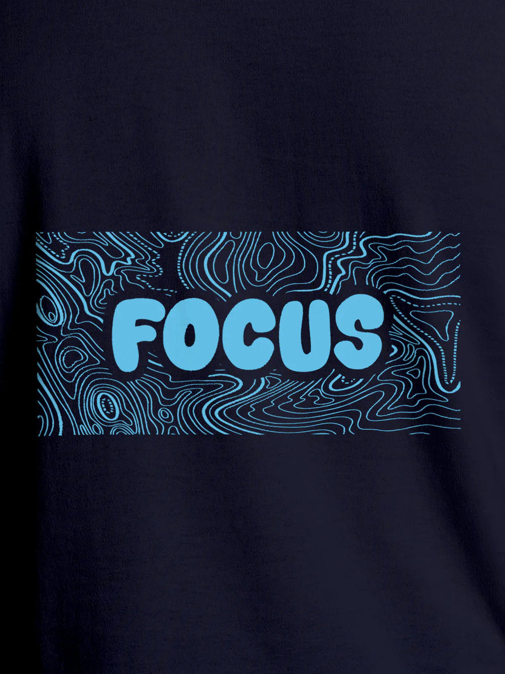 Close up of 'Focus In Chaos' design on Men's Navy Blue Round Neck T-shirt, highlighting intricate details and vibrant print.