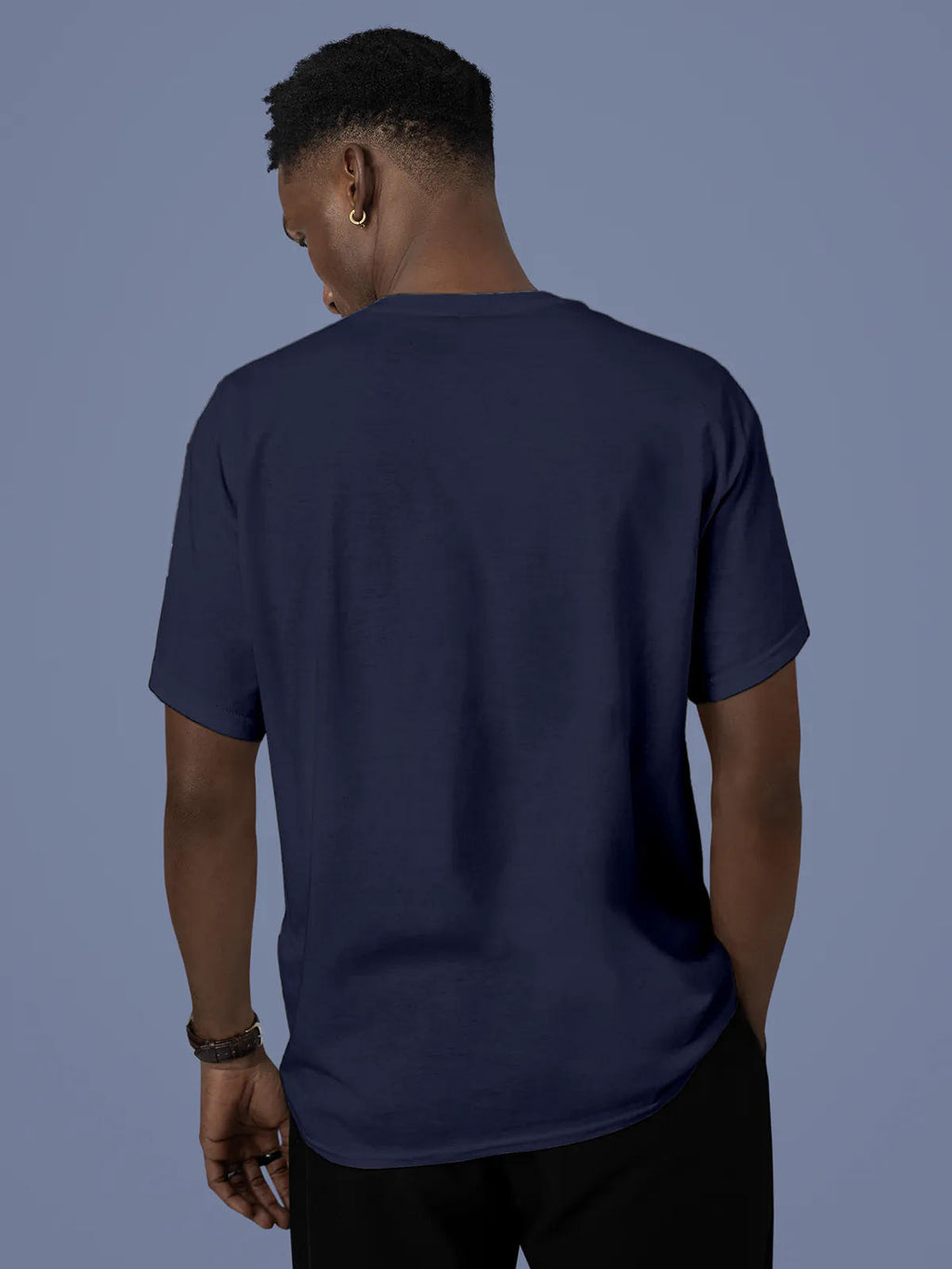 Back view of Fighterhero Men's Navy Blue Round Neck T-shirt, highlighting the modern look and clean finish