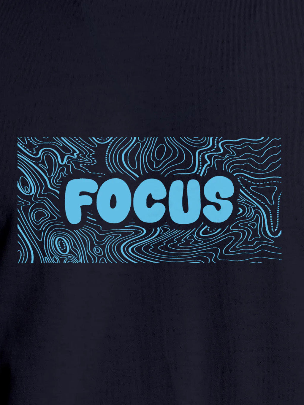Close up of 'Focus In Chaos' design on Women's Navy Blue Round Neck T-shirt, highlighting intricate details and vibrant print.