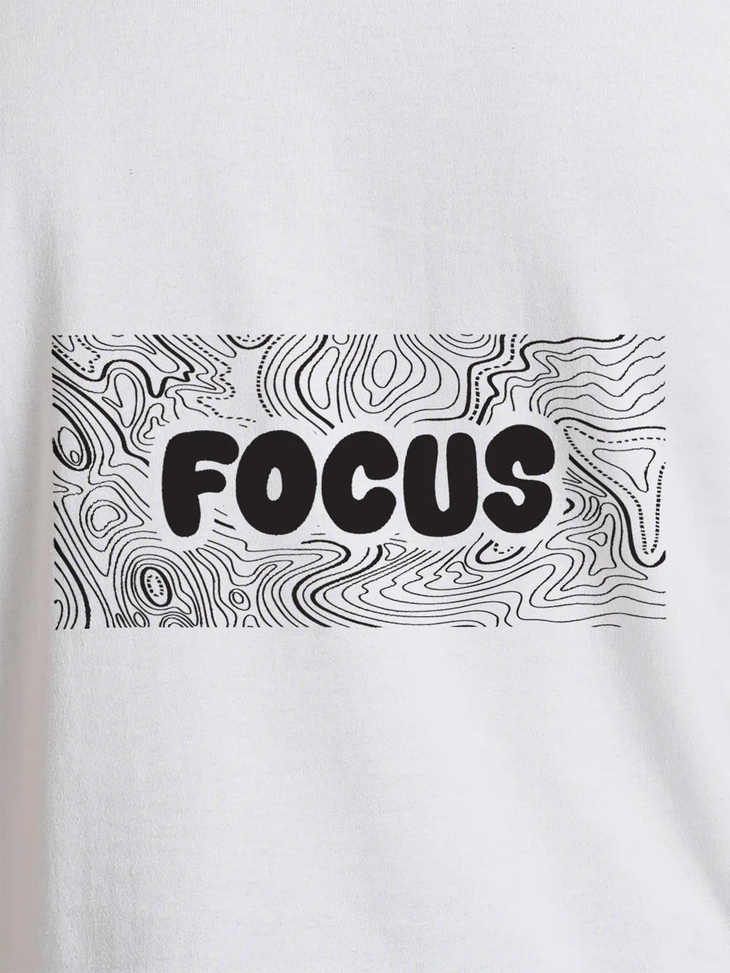 Close up of 'Focus In Chaos' design on Men's White Round Neck T-shirt, highlighting intricate details and vibrant print.