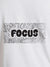 Close up of 'Focus In Chaos' design on Men's White Round Neck T-shirt, highlighting intricate details and vibrant print.