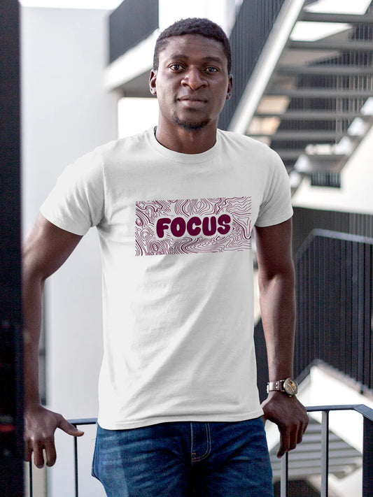 Fighterhero T-shirts: Model wearing Men's White Round Neck T-shirt with 'Focus In Chaos' design