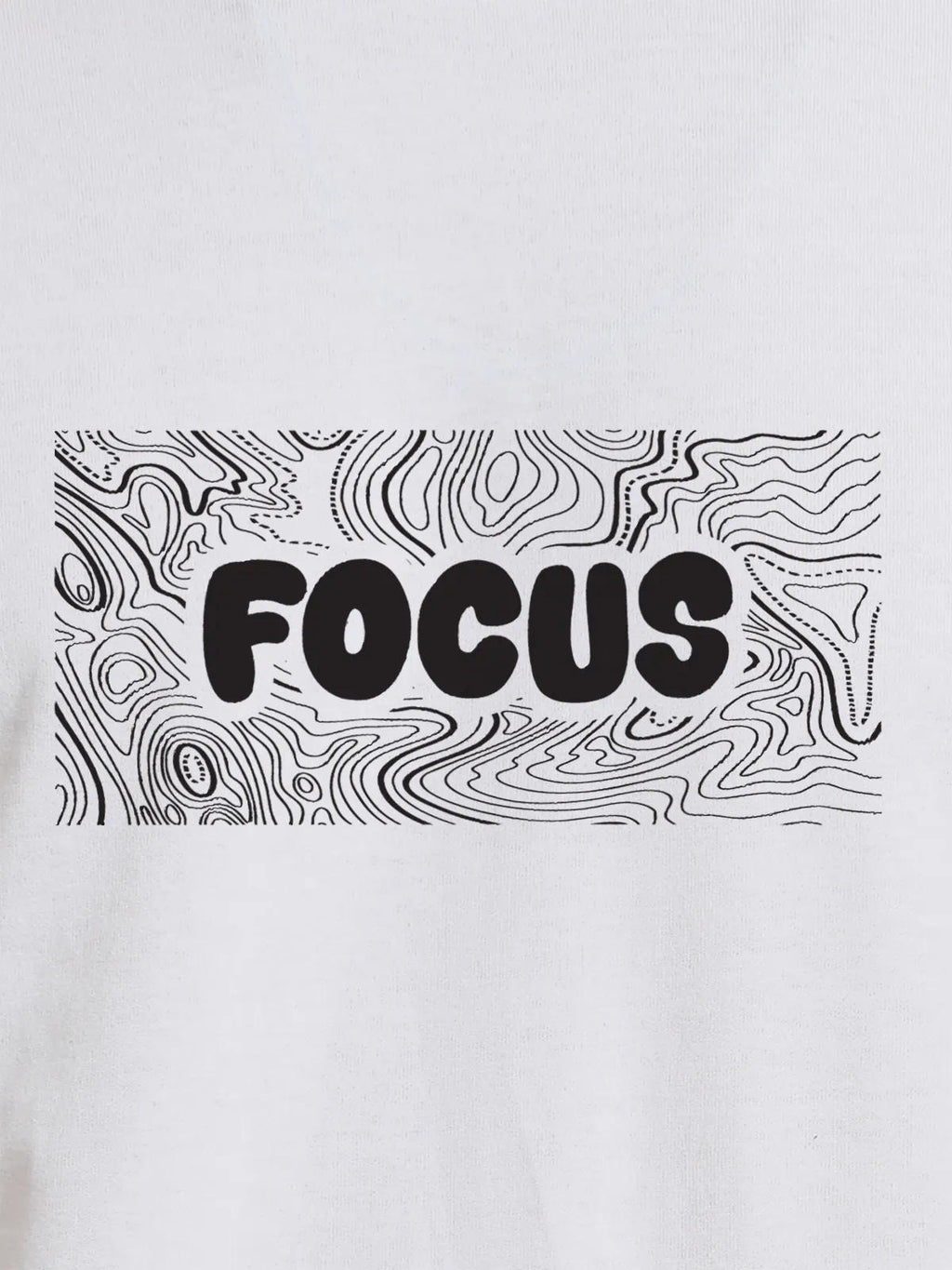 Close up of 'Focus In Chaos' design on Women's White Round Neck T-shirt, highlighting intricate details and vibrant print.