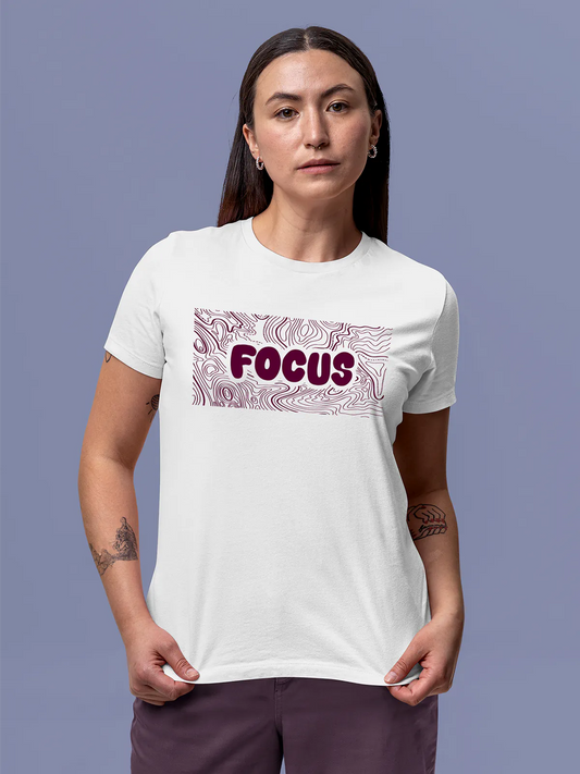 Fighterhero T-shirts: Model wearing Women's White Round Neck T-shirt with 'Focus In Chaos' design
