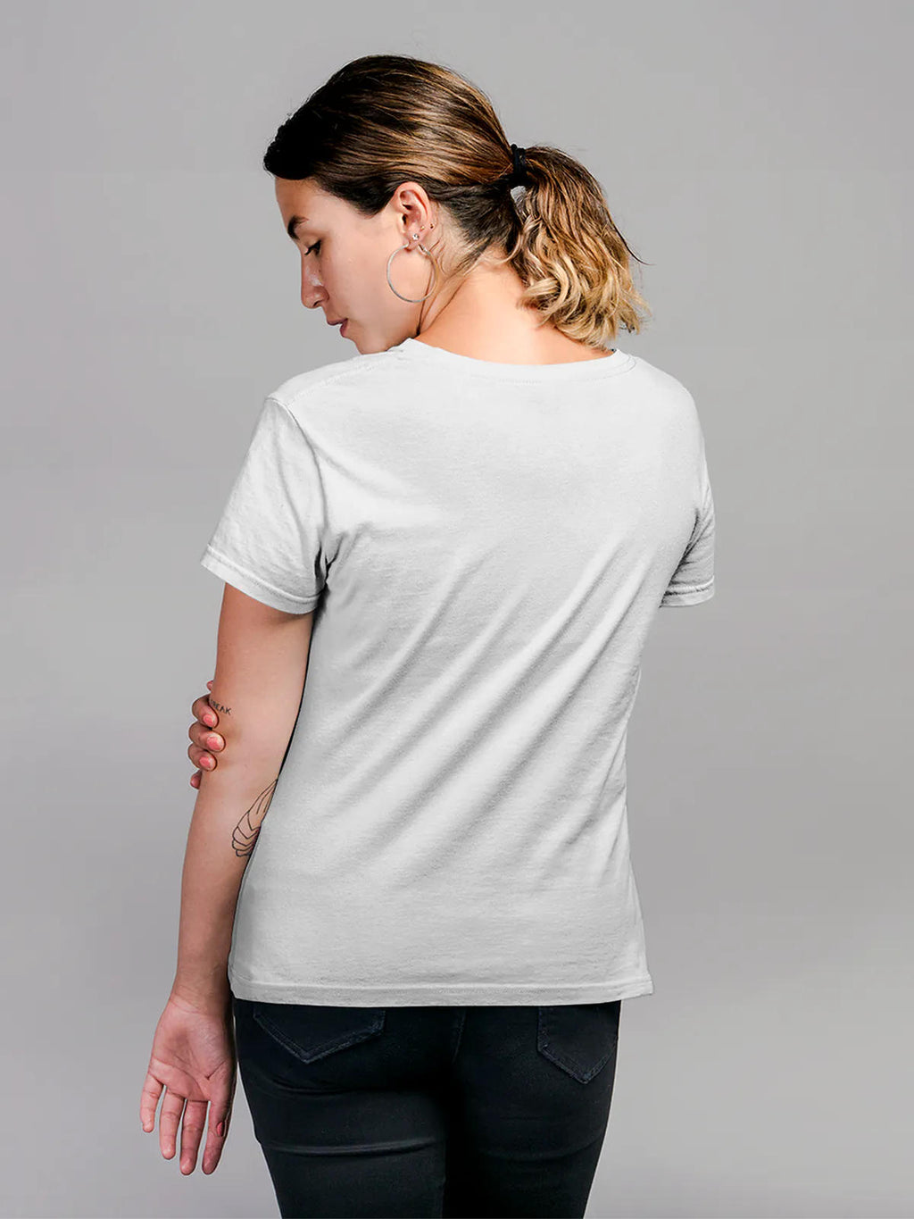 Back view of Fighterhero Women's White Round Neck T-shirt, highlighting the modern look and clean finish