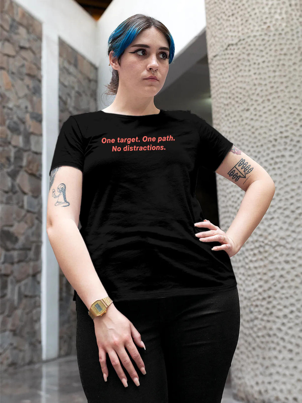 Front view of Fighterhero Women's Black Round Neck T-shirt, highlighting the 'broken chains' design on the chest.