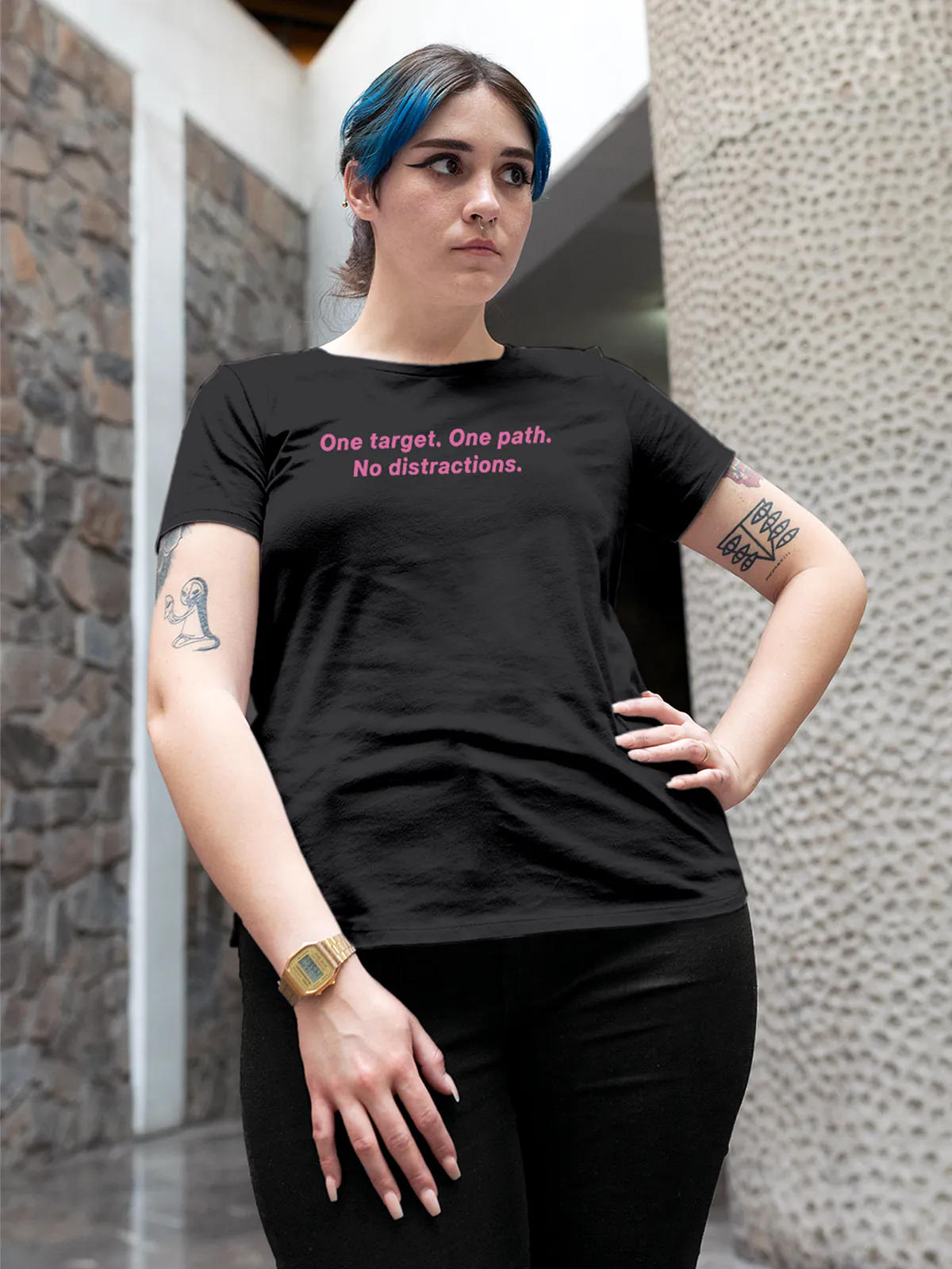 Front view of Fighterhero Women's Dark Grey Round Neck T-shirt, highlighting the 'broken chains' design on the chest.