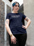 Front view of Fighterhero Women's Navy Blue Round Neck T-shirt, highlighting the 'broken chains' design on the chest.