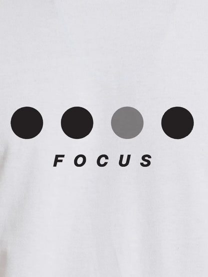 Close up of 'Focus On Goal' design on Men's White Round Neck T-shirt, highlighting intricate details and vibrant print.