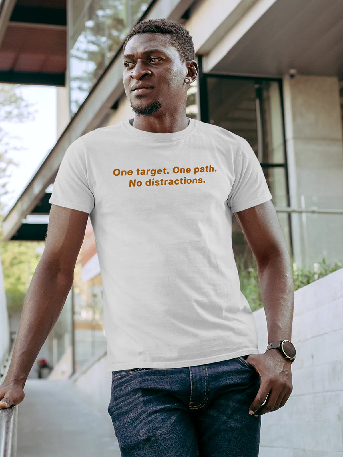 Front view of Fighterhero Men's White Round Neck T-shirt, highlighting the motivational quote printed on the chest.