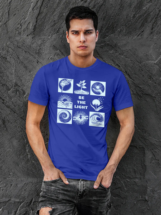 Fighterhero T-shirts: Model wearing Men's Blue Round Neck T-shirt with 'Be The Light' design