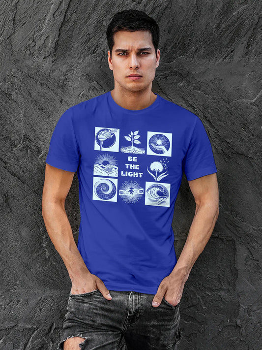 Model wearing Men's Blue Round Neck T-shirt with 'Be The Light' design, offering effortless style and premium comfort
