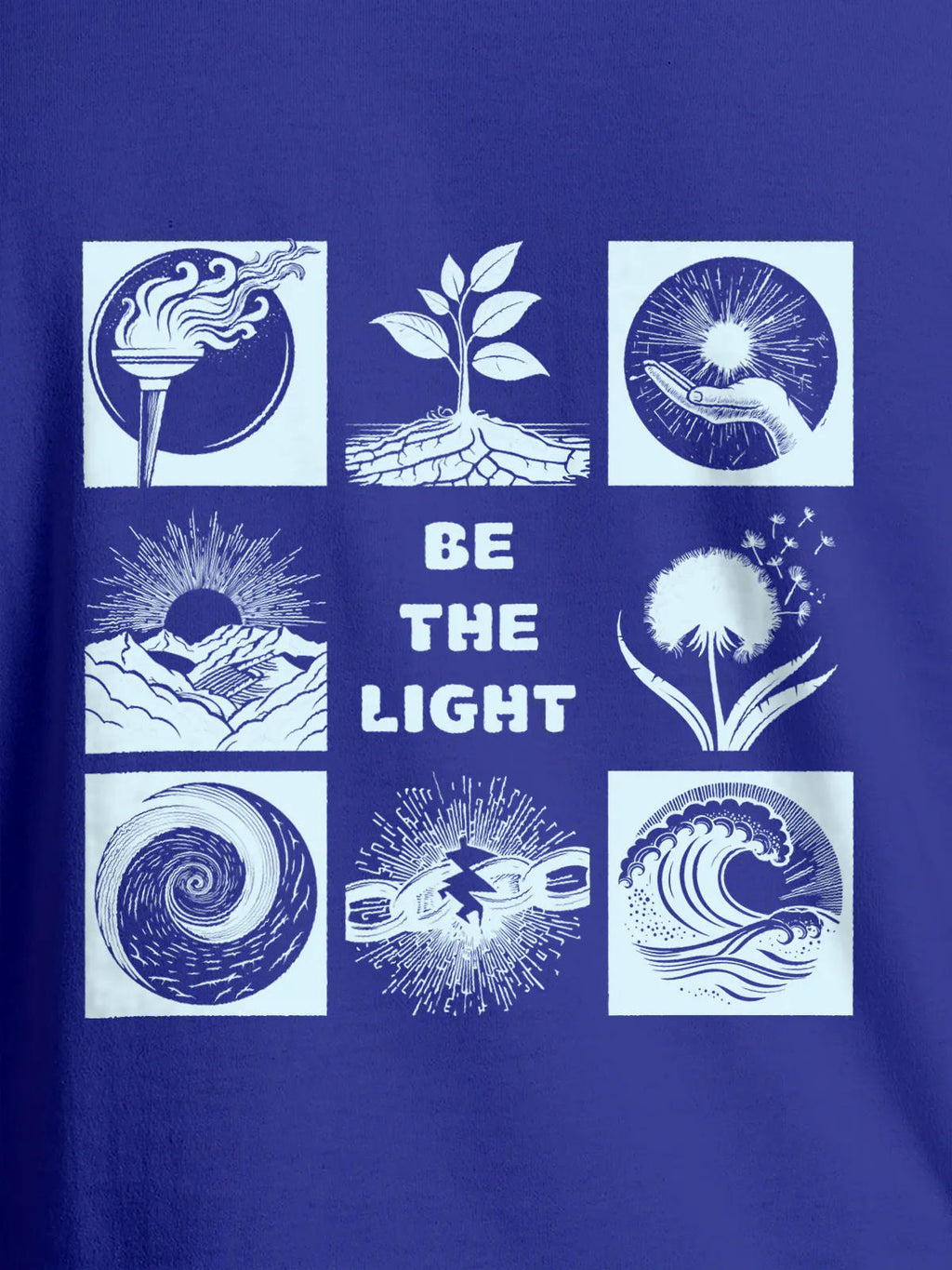 Close up of 'Be The Light' design on Men's Blue Round Neck T-shirt, highlighting intricate details and vibrant print.