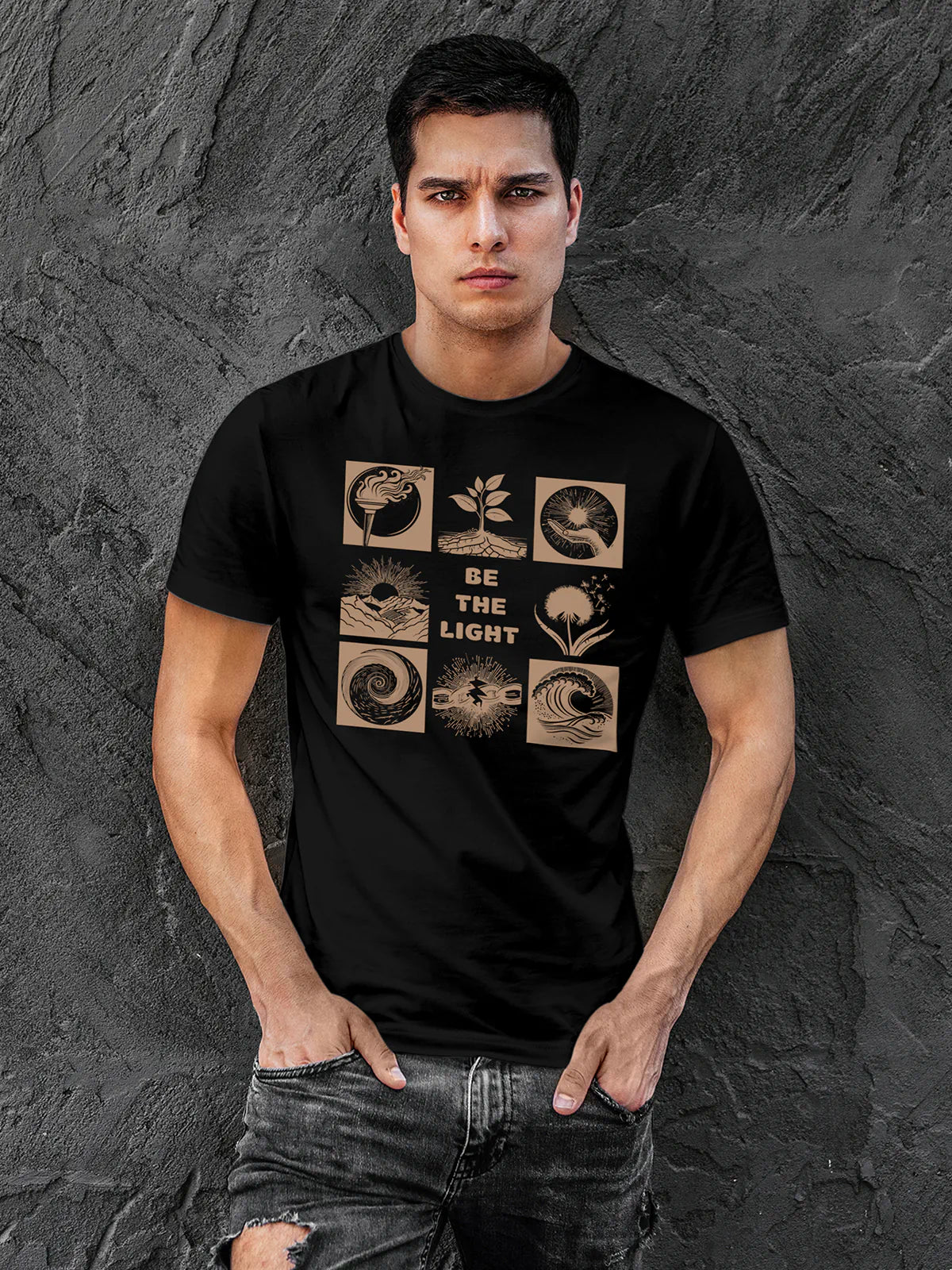 Model wearing Men's Black Round Neck T-shirt with 'Be The Light' design, offering effortless style and premium comfort