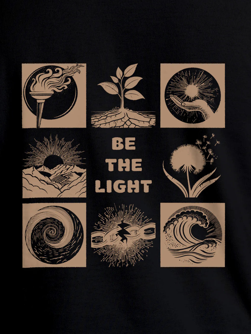 Close up of 'Be The Light' design on Men's Black Round Neck T-shirt, highlighting intricate details and vibrant print.