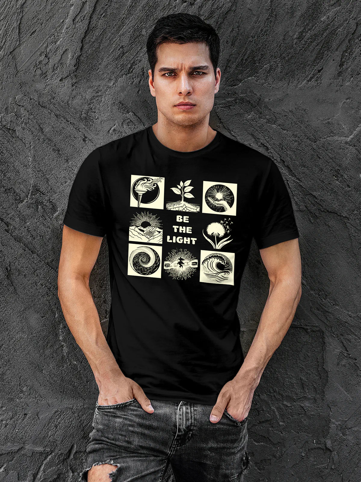 Model wearing Men's Black Round Neck T-shirt with 'Be The Light' design, offering effortless style and premium comfort
