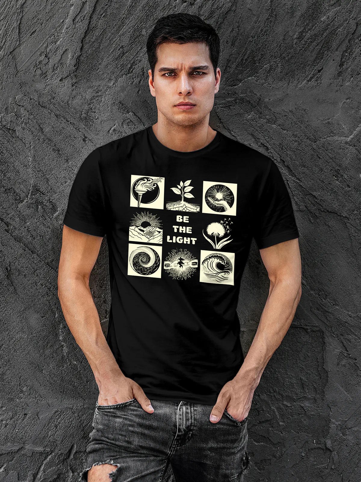 Model wearing Men's Black Round Neck T-shirt with 'Be The Light' design, offering effortless style and premium comfort