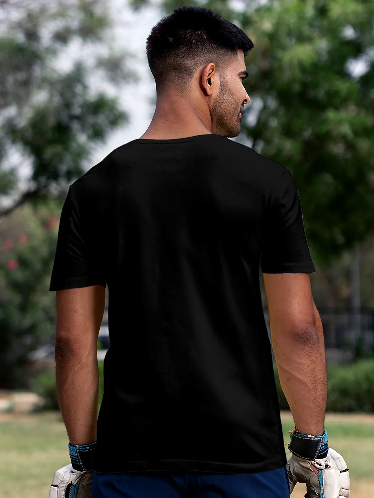 Back view of Fighterhero Men's Black Round Neck T-shirt, highlighting the modern look and clean finish
