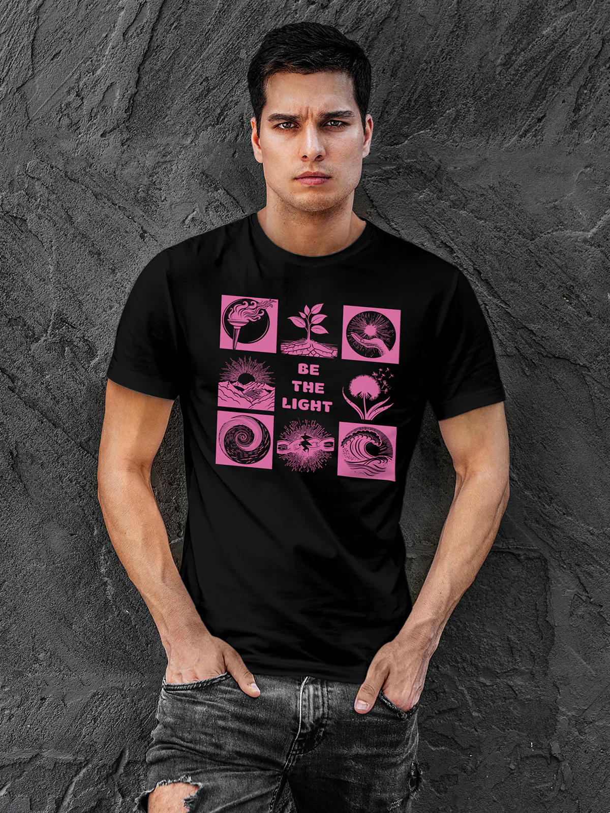 Model wearing Men's Black Round Neck T-shirt with 'Be The Light' design, offering effortless style and premium comfort