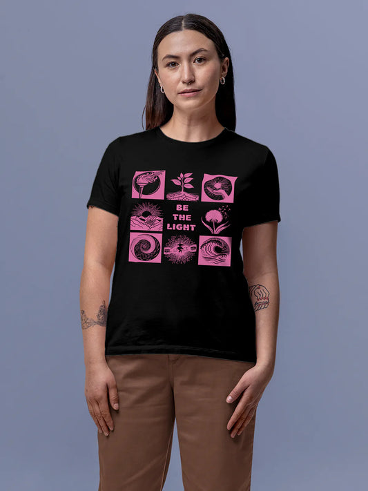 Fighterhero T-shirts: Model wearing Women's Black Round Neck T-shirt with 'Be The Light' design