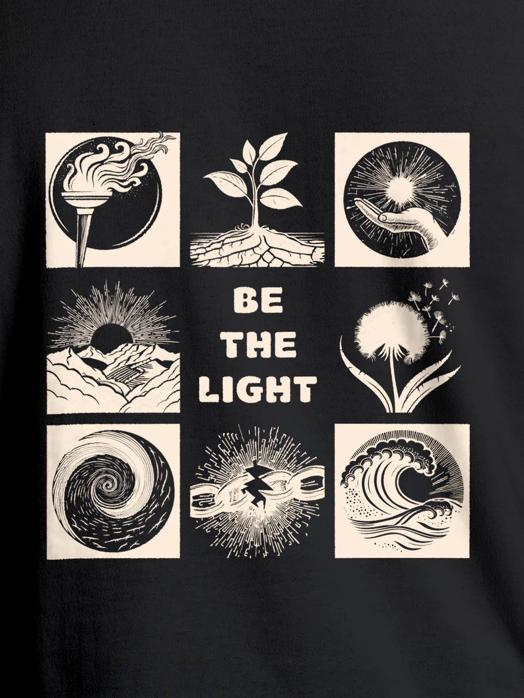 Close up of 'Be The Light' design on Men's Dark Grey Round Neck T-shirt, highlighting intricate details and vibrant print.