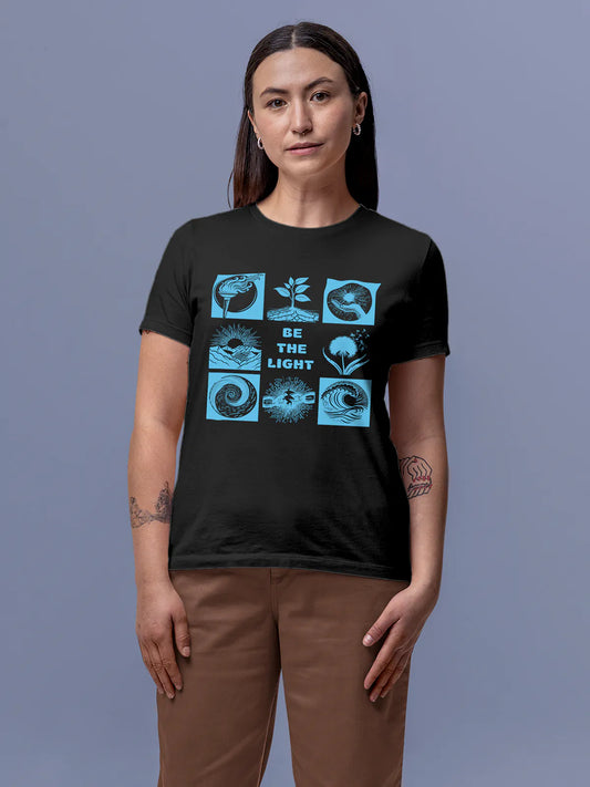 Fighterhero T-shirts: Model wearing Women's Dark Grey Round Neck T-shirt with 'Be The Light' design