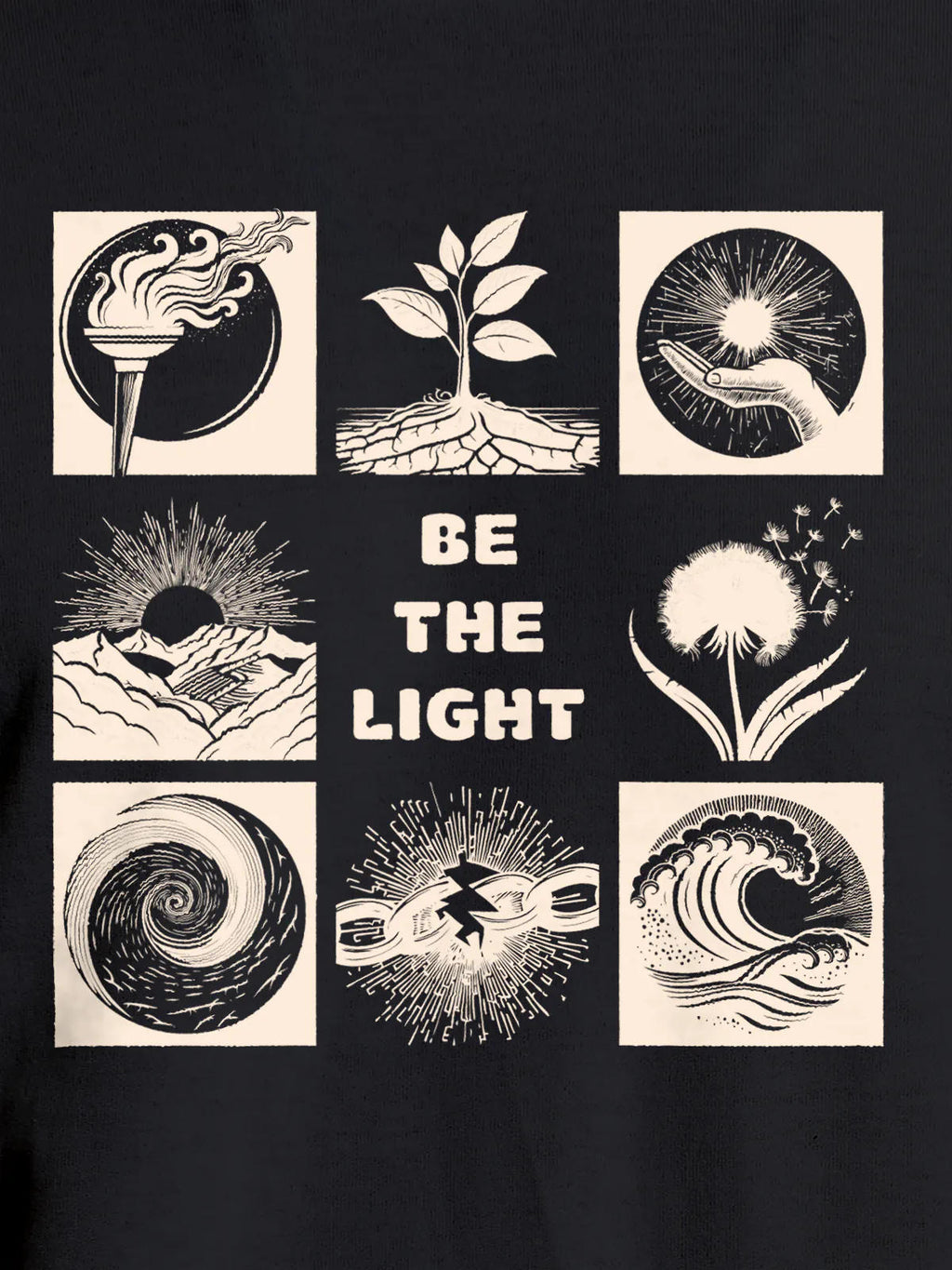 Close up of 'Be The Light' design on Women's Dark Grey Round Neck T-shirt, highlighting intricate details and vibrant print.