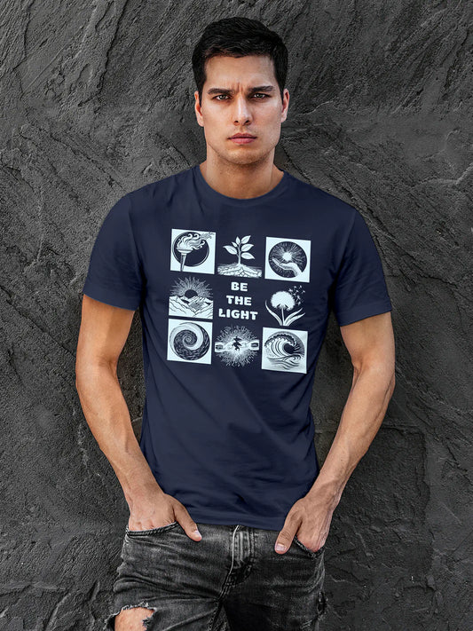 Fighterhero T-shirts: Model wearing Men's Navy Blue Round Neck T-shirt with 'Be The Light' design