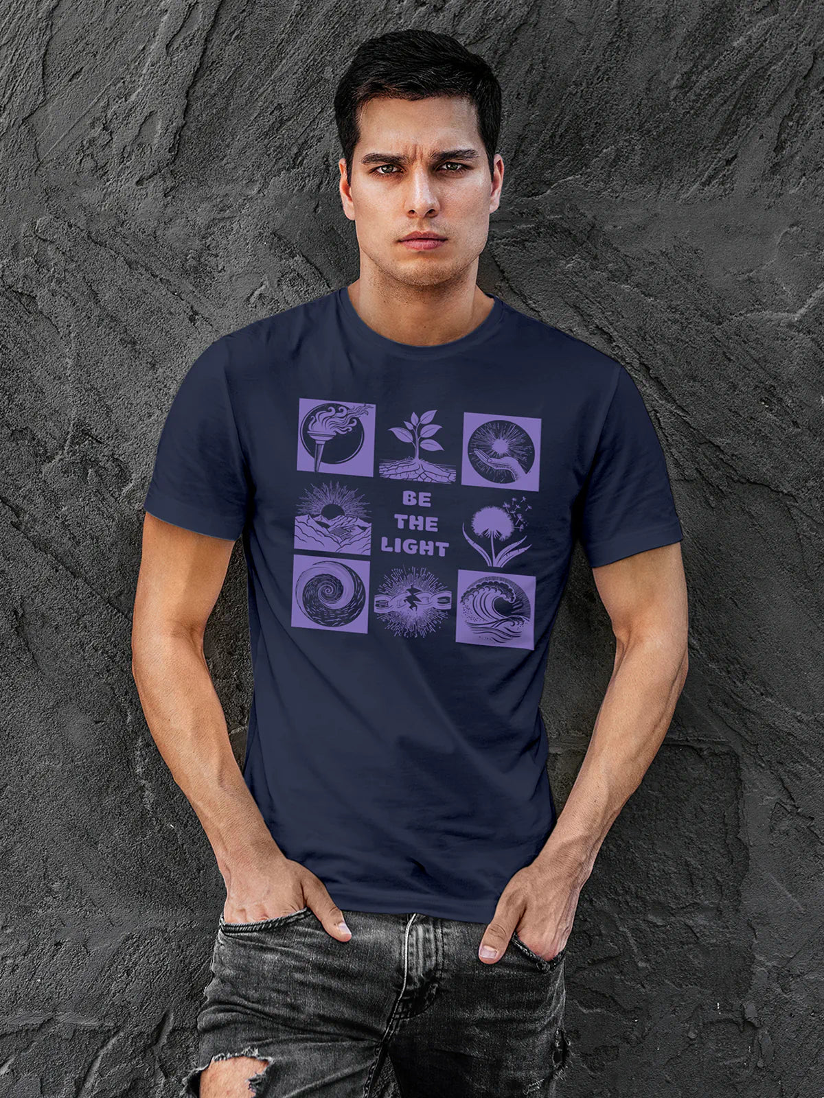 Model wearing Men's Navy Blue Round Neck T-shirt with 'Be The Light' design, offering effortless style and premium comfort