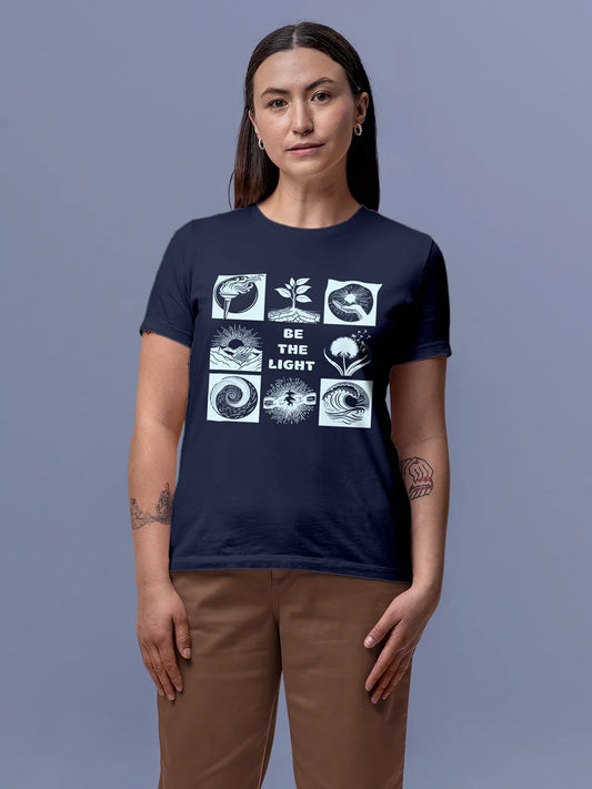Fighterhero T-shirts: Model wearing Women's Navy Blue Round Neck T-shirt with 'Be The Light' design