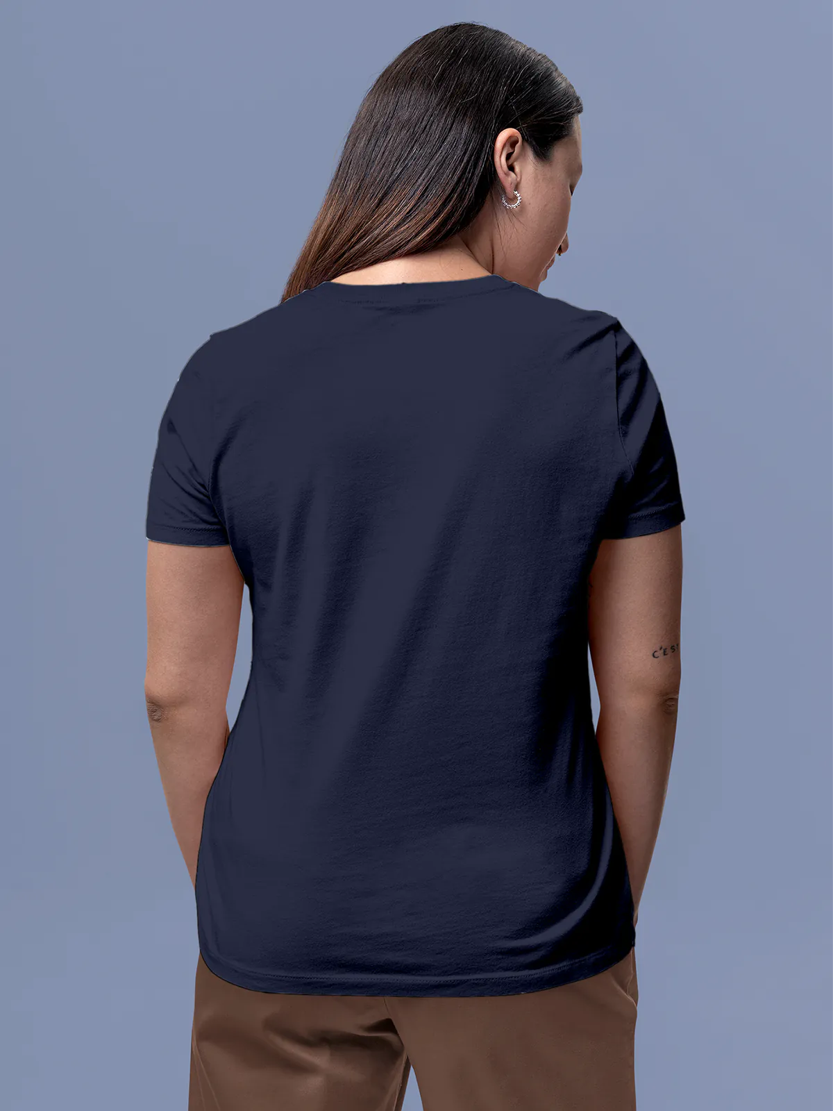 Back view of Fighterhero Women's Navy Blue Round Neck T-shirt, highlighting the modern look and clean finish