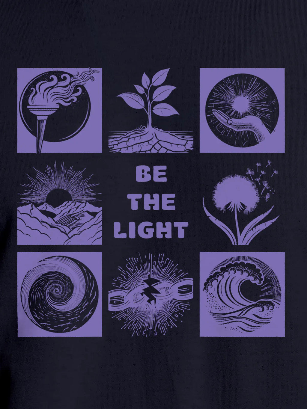 Close up of 'Be The Light' design on Women's Navy Blue Round Neck T-shirt, highlighting intricate details and vibrant print.