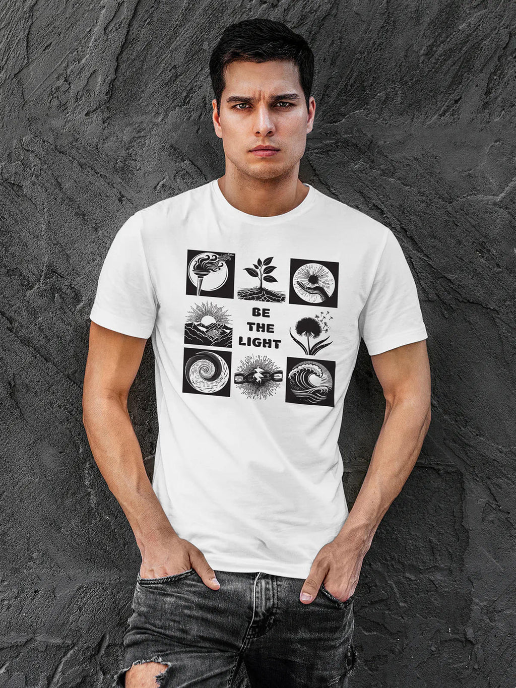 Model wearing Men's White Round Neck T-shirt with 'Be The Light' design, offering effortless style and premium comfort