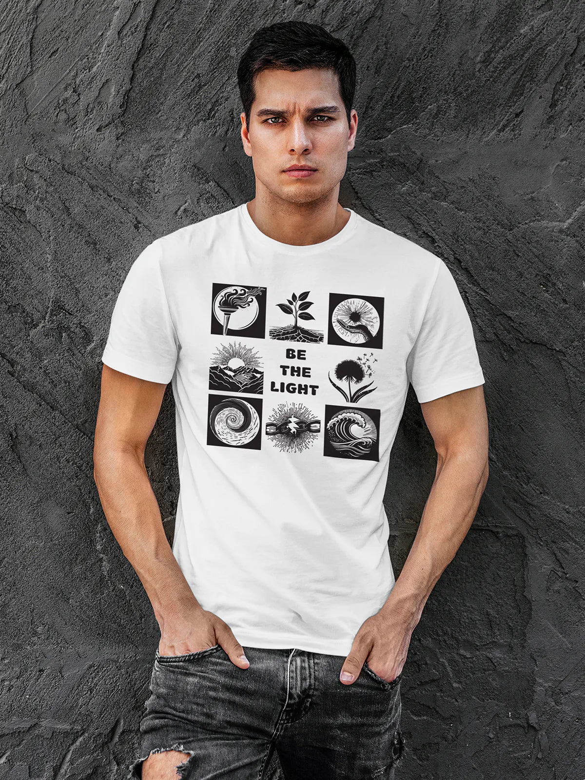 Model wearing Men's White Round Neck T-shirt with 'Be The Light' design, offering effortless style and premium comfort