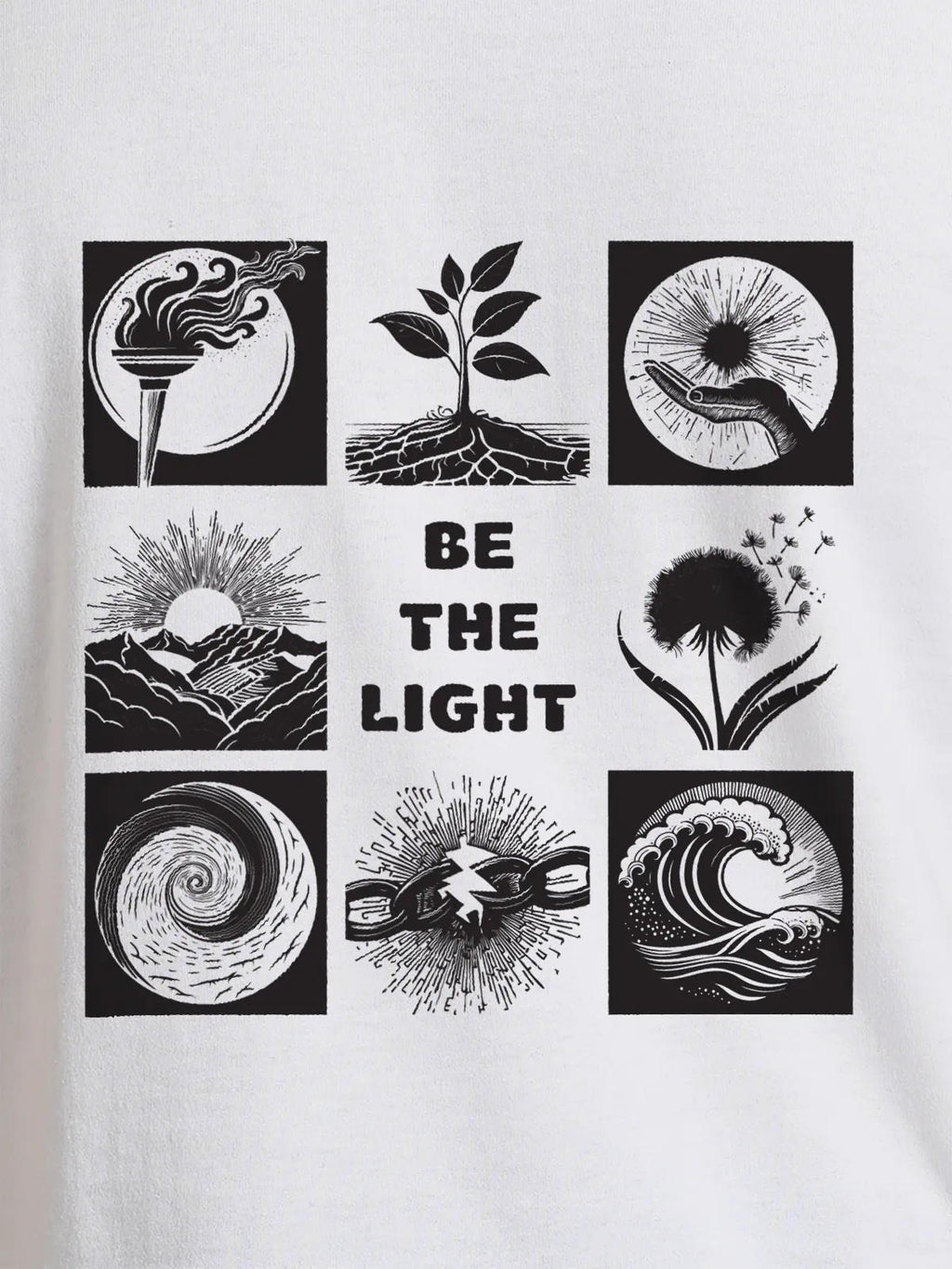 Close up of 'Be The Light' design on Men's White Round Neck T-shirt, highlighting intricate details and vibrant print.