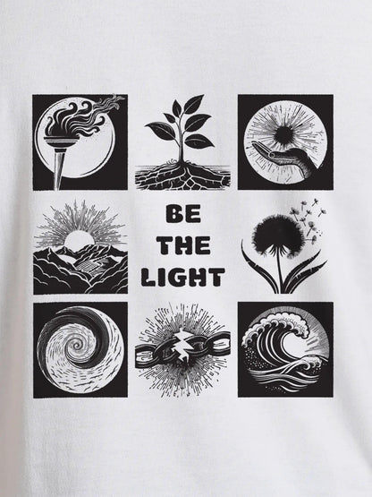 Close up of 'Be The Light' design on Men's White Round Neck T-shirt, highlighting intricate details and vibrant print.