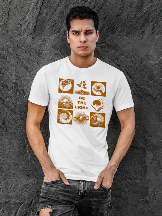 Fighterhero T-shirts: Model wearing Men's White Round Neck T-shirt with 'Be The Light' design