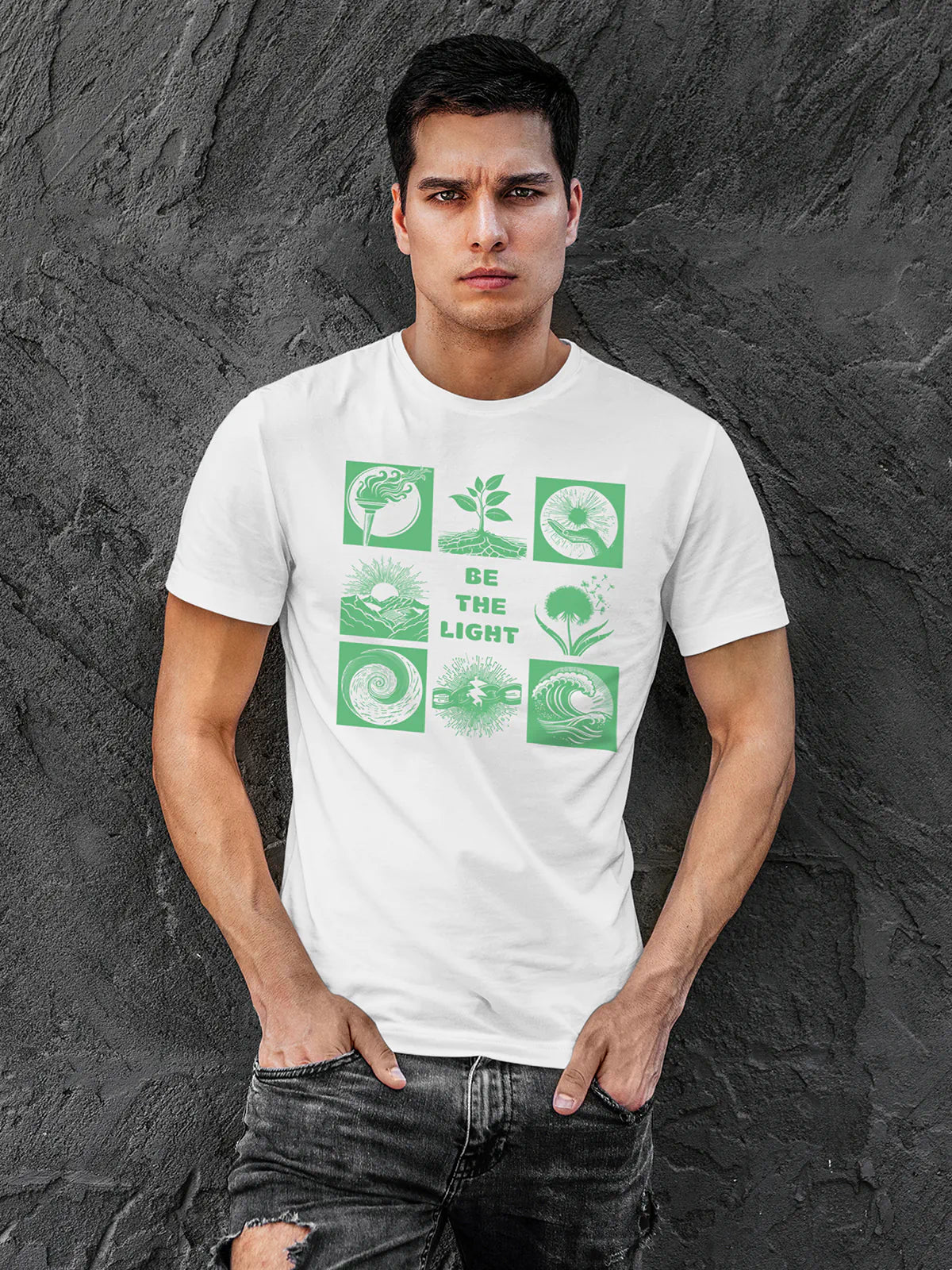 Model wearing Men's White Round Neck T-shirt with 'Be The Light' design, offering effortless style and premium comfort