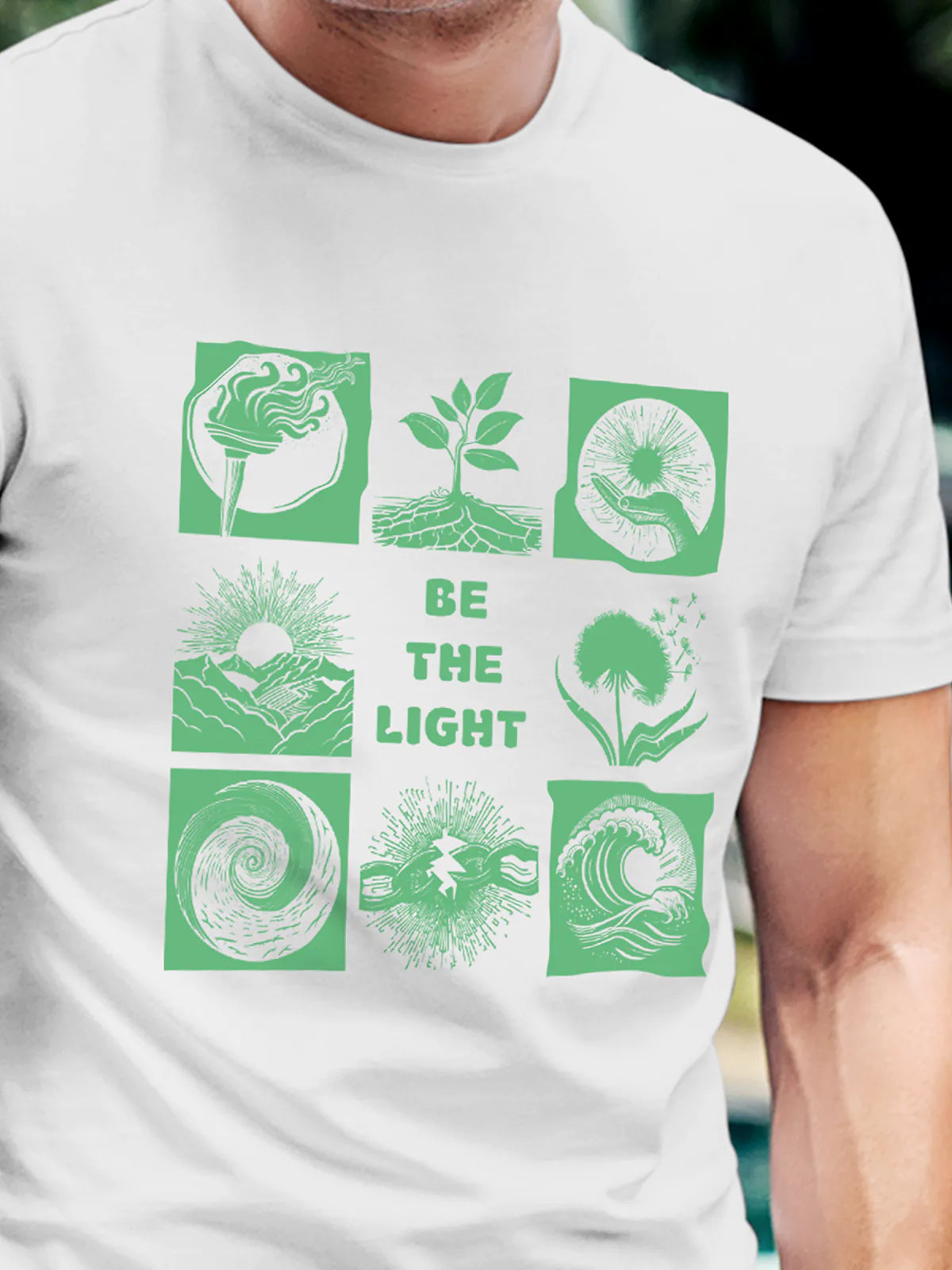 Close up of 'Be The Light' design on Men's White Round Neck T-shirt, highlighting intricate details and vibrant print.