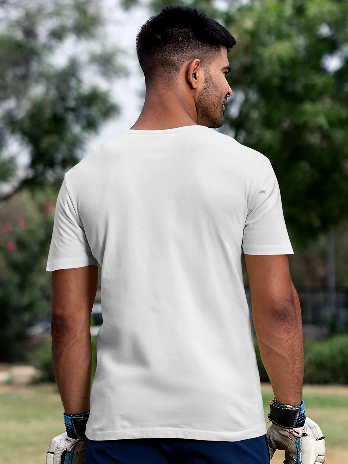 Back view of Fighterhero Men's White Round Neck T-shirt, highlighting the modern look and clean finish