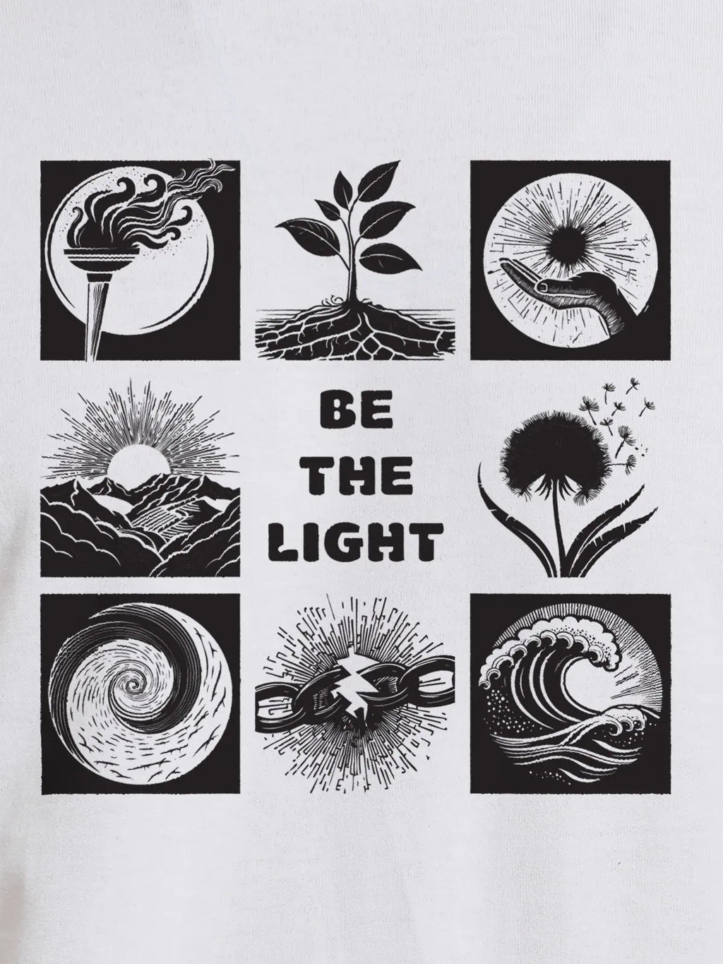 Close up of 'Be The Light' design on Women's White Round Neck T-shirt, highlighting intricate details and vibrant print.