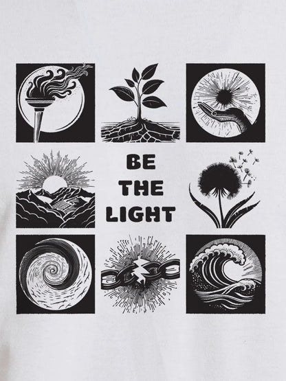 Close up of 'Be The Light' design on Women's White Round Neck T-shirt, highlighting intricate details and vibrant print.