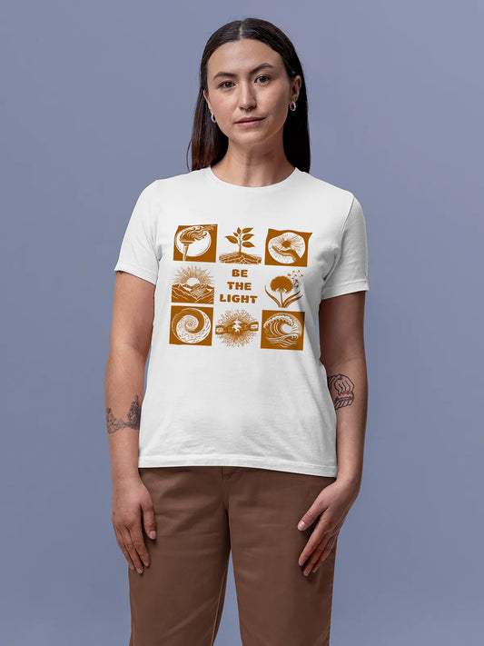 Fighterhero T-shirts: Model wearing Women's White Round Neck T-shirt with 'Be The Light' design