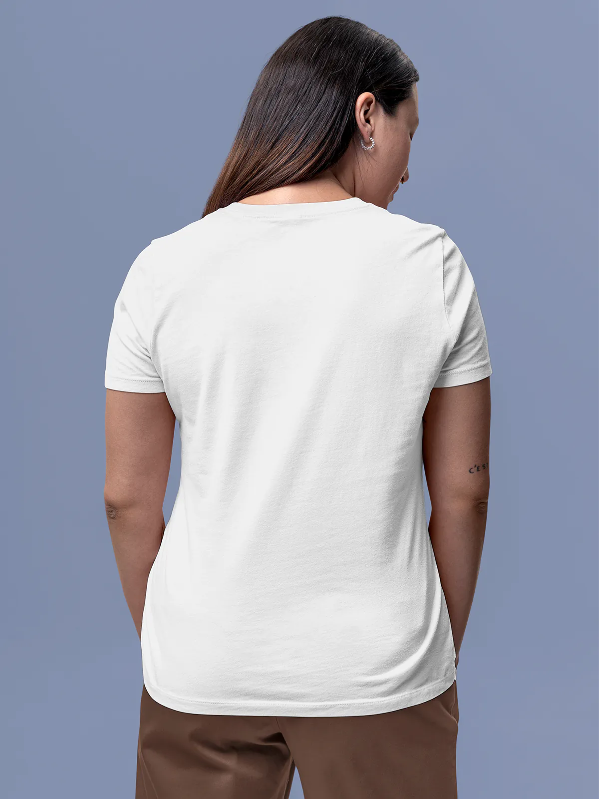 Back view of Fighterhero Women's White Round Neck T-shirt, highlighting the modern look and clean finish