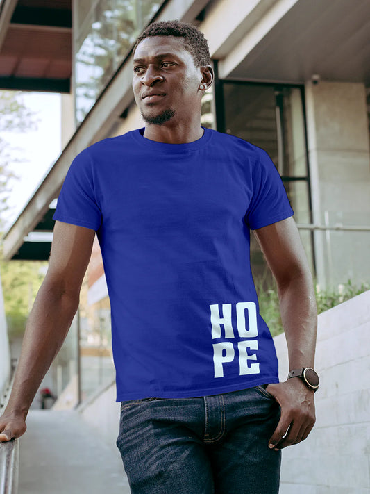 Fighterhero T-shirts: Model wearing Men's Blue Round Neck T-shirt with 'Hope' design